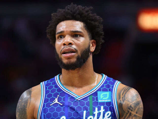 MIAMI, FLORIDA - APRIL 05: Miles Bridges #0 of the Charlotte Hornets reacts against the Miami Heat during the first half at FTX Arena on April 05, 2022 in Miami, Florida.