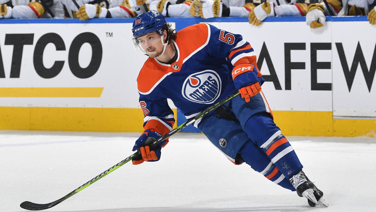 EDMONTON, CANADA - MAY 8: Kailer Yamamoto #56 of the Edmonton Oilers skates in Game Three of the Second Round of the 2023 Stanley Cup Playoffs against the Vegas Golden Knights at Rogers Place on May 8, 2023, in Edmonton, Alberta, Canada.