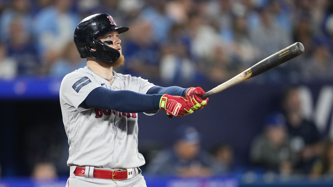 TORONTO, ON - JULY 2: Alex Verdugo #99 of the Boston Red Sox hits a home run during the ninth inning against the Toronto Blue Jays at the Rogers Centre on July 2, 2023 in Toronto, Ontario, Canada.