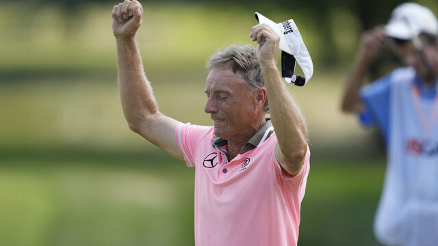STEVENS POINT, WISCONSIN - JULY 02: Bernhard Langer of Germany celebrates after wining the U.S. Senior Open Championship at SentryWorld on July 02, 2023 in Stevens Point, Wisconsin.