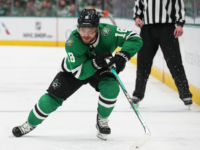DALLAS, TX - MAY 25: Max Domi #18 of the Dallas Stars handles the puck against the Vegas Golden Knights in Game Four of the Conference Final of the 2023 Stanley Cup Playoffs at the American Airlines Center on May 25, 2023 in Dallas, Texas.