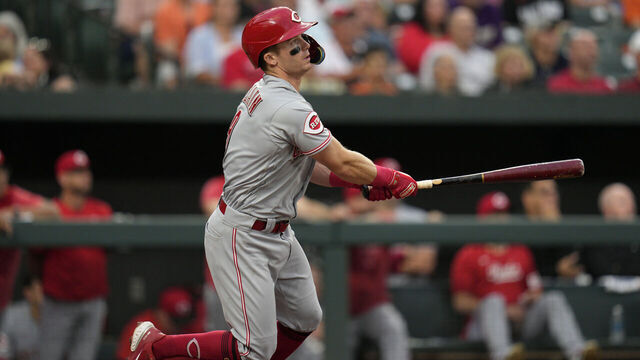 BALTIMORE, MARYLAND - JUNE 27: Matt McLain #9 of the Cincinnati Reds hits an RBI double against the Baltimore Orioles during the fourth inning at Oriole Park at Camden Yards on June 27, 2023 in Baltimore, Maryland.