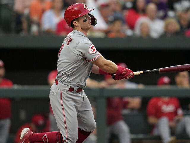 BALTIMORE, MARYLAND - JUNE 27: Matt McLain #9 of the Cincinnati Reds hits an RBI double against the Baltimore Orioles during the fourth inning at Oriole Park at Camden Yards on June 27, 2023 in Baltimore, Maryland.