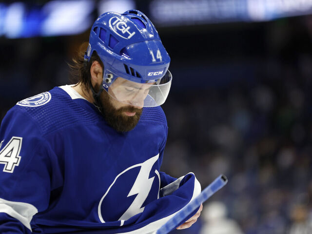 TAMPA, FLORIDA - APRIL 29: Pat Maroon #14 of the Tampa Bay Lightning looks on after losing Game Six of the First Round of the 2023 Stanley Cup Playoffs against the Toronto Maple Leafs at Amalie Arena on April 29, 2023 in Tampa, Florida.