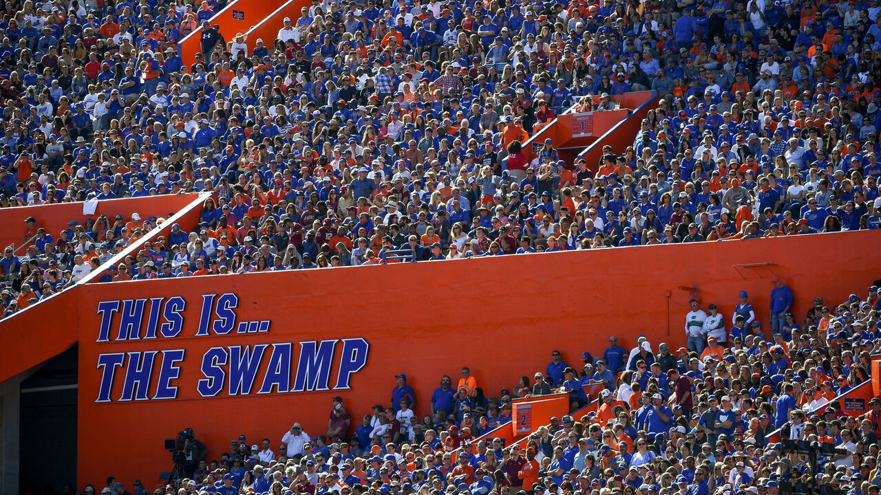 GAINESVILLE, FL - NOVEMBER 25: A detailed view of The Is The Swamp signage at Ben Hill Griffin Stadium before the game between the Florida Gators and the Florida State Seminoles on November 25, 2017 in Gainesville, Florida.