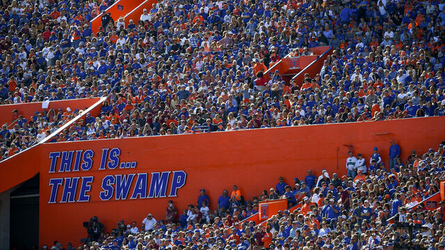 GAINESVILLE, FL - NOVEMBER 25: A detailed view of The Is The Swamp signage at Ben Hill Griffin Stadium before the game between the Florida Gators and the Florida State Seminoles on November 25, 2017 in Gainesville, Florida.