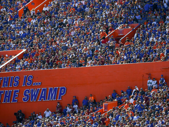 GAINESVILLE, FL - NOVEMBER 25: A detailed view of The Is The Swamp signage at Ben Hill Griffin Stadium before the game between the Florida Gators and the Florida State Seminoles on November 25, 2017 in Gainesville, Florida.