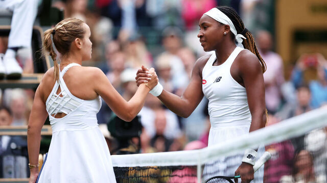 LONDON, ENGLAND - JULY 03: Coco Gauff (R) of United States shakes hands with Sofia Kenin of United States following the Women's Singles first round match during day one of The Championships Wimbledon 2023 at All England Lawn Tennis and Croquet Club on July 03, 2023 in London, England.