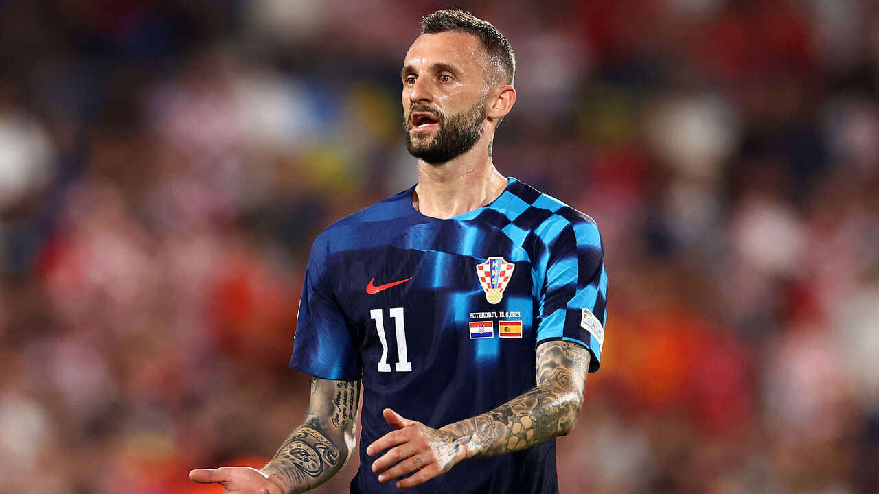 ROTTERDAM, NETHERLANDS - JUNE 18: Marcelo Brozovic of Croatia reacts during the UEFA Nations League 2022/23 final match between Croatia and Spain at De Kuip on June 18, 2023 in Rotterdam, Netherlands.