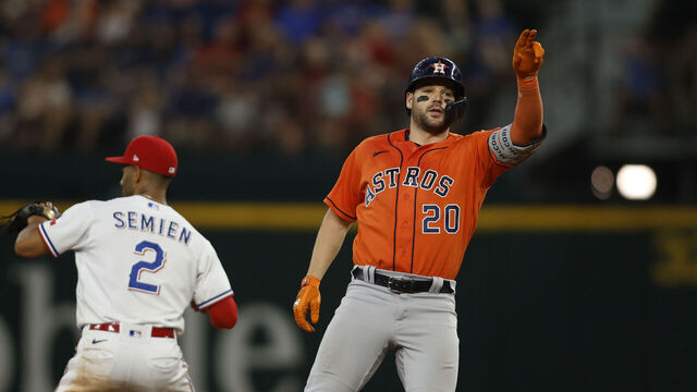 ARLINGTON, TEXAS - JULY 03: Chas McCormick #20 of the Houston Astros reacts after driving in the go ahead run in the ninth inning against the Texas Rangers at Globe Life Field on July 03, 2023 in Arlington, Texas.