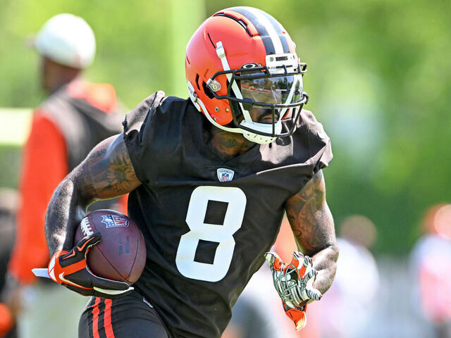 BEREA, OHIO - MAY 31: Elijah Moore #8 of the Cleveland Browns runs a drill during the Cleveland Browns OTAs at CrossCountry Mortgage Campus on May 31, 2023 in Berea, Ohio.