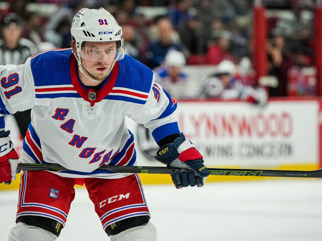 RALEIGH, NORTH CAROLINA - FEBRUARY 11: Vladimir Tarasenko #91 of the New York Rangers skates during the second period against the Carolina Hurricanes at PNC Arena on February 11, 2023 in Raleigh, North Carolina.