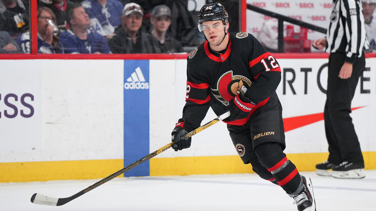 OTTAWA, CANADA - APRIL 1: Alex DeBrincat #12 of the Ottawa Senators skates against the Toronto Maple Leafs at Canadian Tire Centre on April 1, 2023 in Ottawa, Ontario, Canada.
