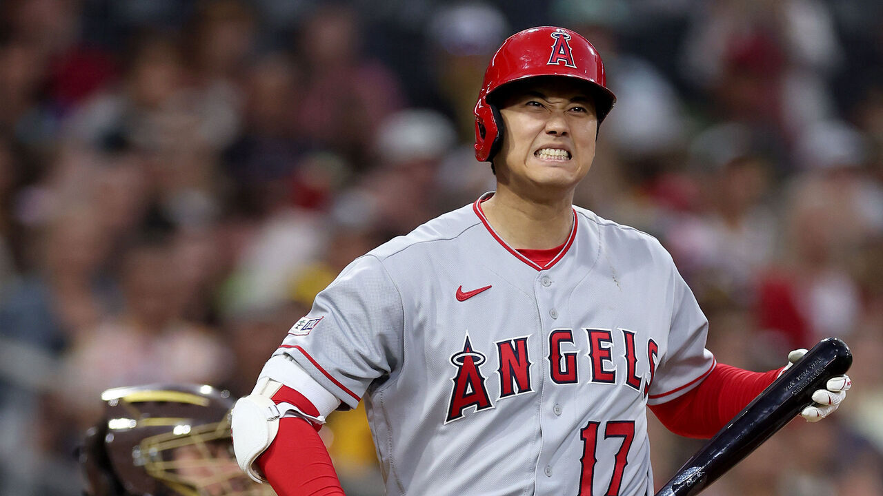 SAN DIEGO, CALIFORNIA - JULY 03: Shohei Ohtani #17 of the Los Angeles Angels reacts after drawing a walk during the fifth inning of a game against the San Diego Padres at PETCO Park on July 03, 2023 in San Diego, California.