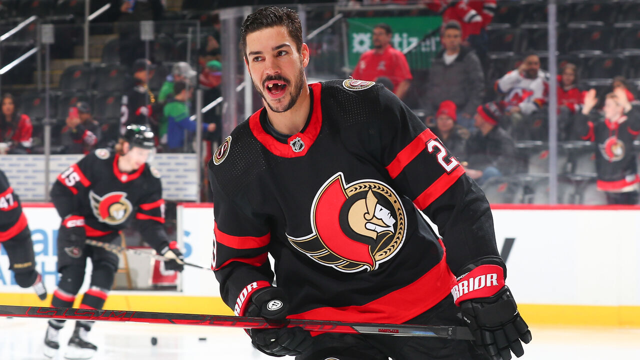 NEWARK, NJ - MARCH 25: Travis Hamonic #23 of the Ottawa Senators warms up prior to the game against the New Jersey Devils at the Prudential Center on March 25, 2023 in Newark, New Jersey.
