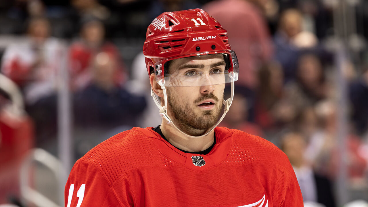 DETROIT, MI - OCTOBER 17: Filip Zadina #11 of the Detroit Red Wings looks down the ice during the first period of an NHL game against the Los Angeles Kings at Little Caesars Arena on October 17, 2022 in Detroit, Michigan. Los Angeles defeated Detroit 5-4 in O.T.