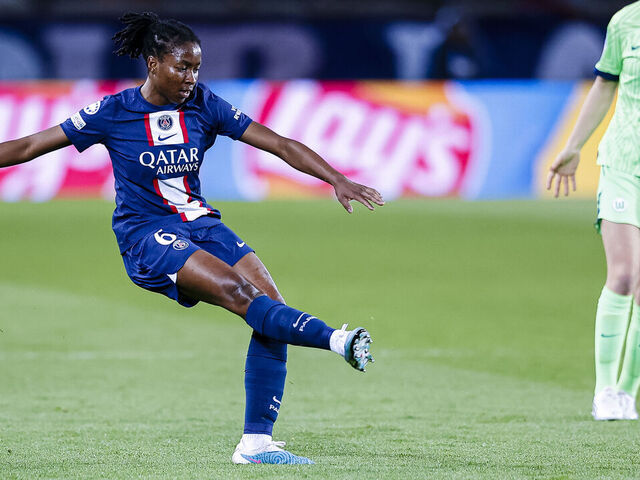 PARIS, FRANCE - MARCH 22: Oriane Jean-François of Paris Saint-Germain attempts a kick during the UEFA Women's Champions League quarter-final 1st leg match between Paris Saint-Germain and VfL Wolfsburg at Parc de Princes on March 22, 2023 in Paris, France.