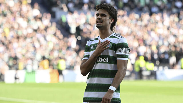 GLASGOW, SCOTLAND - JUNE 03: Jota of Celtic celebrate after the Scottish Cup Final match between Celtic and Inverness Caledonian Thistle at Hampden Park on June 03, 2023 in Glasgow, Scotland.