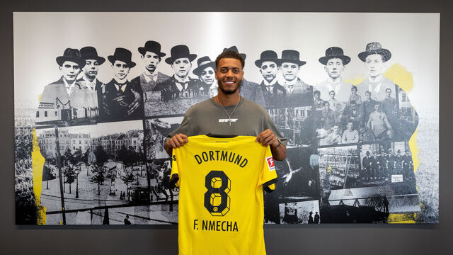 DORTMUND, GERMANY - JULY 03: Felix Nmecha of Borussia Dortmund poses with his jersey after signing a contract with the club on July 03, 2023 in Dortmund, Germany. The Bundesliga football club signed the 22-year old German international Felix Nmecha from VfL Wolfsburg. The midfielder signed a contract that runs until 30 June 2028.
