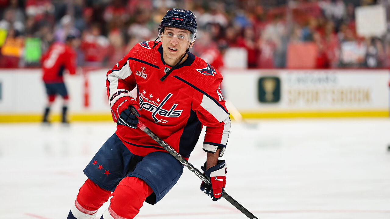 WASHINGTON, DC - APRIL 08: Martin Fehervary #42 of the Washington Capitals skates before the game against the Florida Panthers at Capital One Arena on April 8, 2023 in Washington, DC.