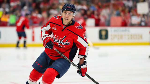 WASHINGTON, DC - APRIL 08: Martin Fehervary #42 of the Washington Capitals skates before the game against the Florida Panthers at Capital One Arena on April 8, 2023 in Washington, DC.