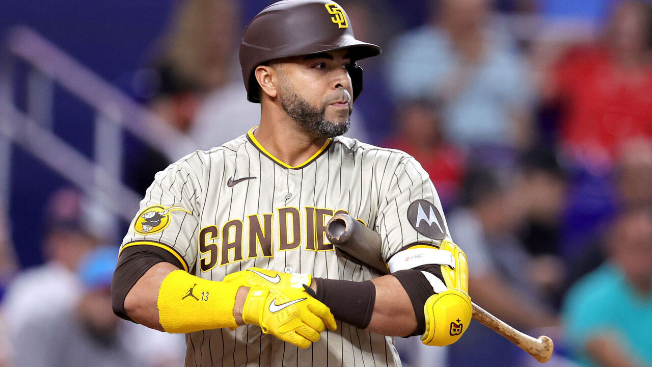 MIAMI, FLORIDA - MAY 31: Nelson Cruz #32 of the San Diego Padres at bat against the Miami Marlins during the third inning at loanDepot park on May 31, 2023 in Miami, Florida.