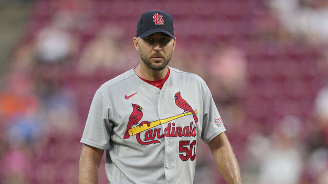 CINCINNATI, OHIO - MAY 23: Adam Wainwright #50 of the St. Louis Cardinals stands on the pitchers mound during the sixth inning of a baseball game against the Cincinnati Reds at Great American Ball Park on May 23, 2023 in Cincinnati, Ohio.
