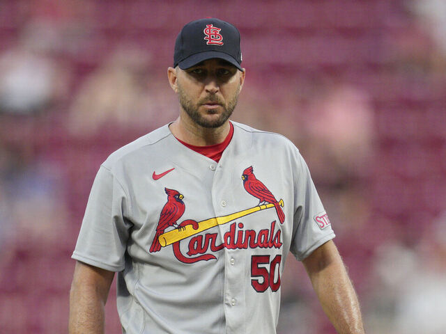 Adam Wainwright #50 of the St. Louis Cardinals leaves the game