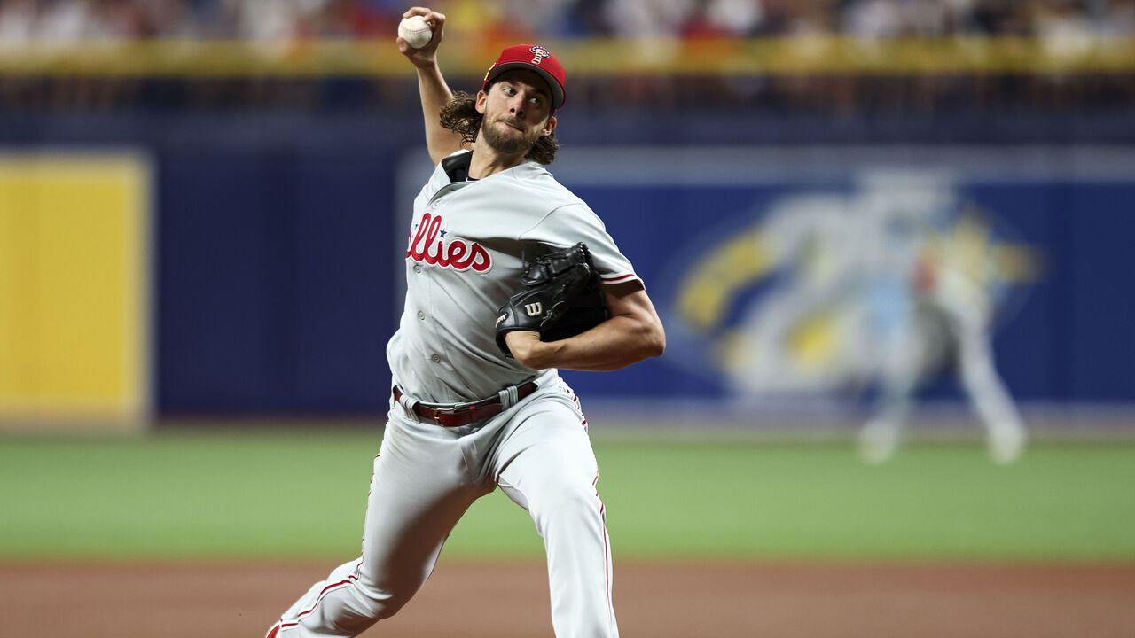 ST PETERSBURG, FL - JULY 4: Aaron Nola #27 of the Philadelphia Phillies delivers a pitch during the first inning against the Tampa Bay Rays at Tropicana Field on July 4, 2023 in St Petersburg, Florida.