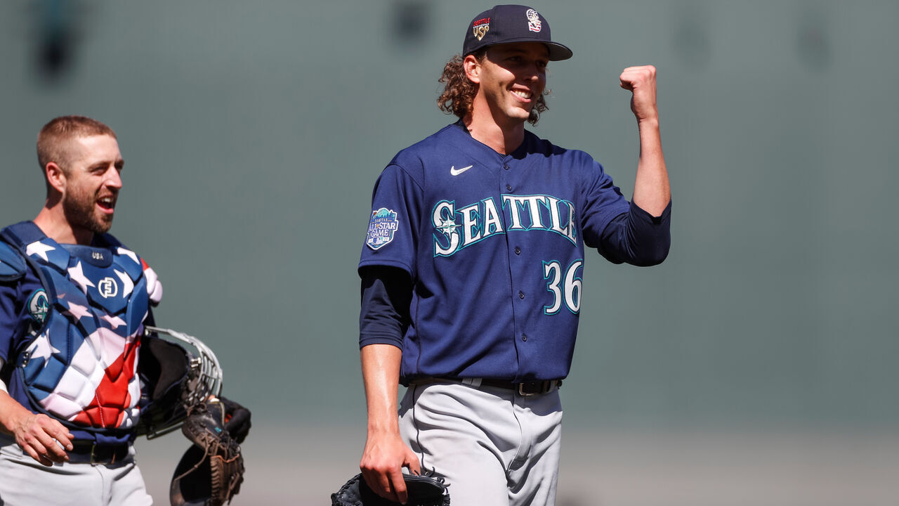 SAN FRANCISCO, CALIFORNIA - JULY 4: Logan Gilbert #36 of the Seattle Mariners celebrates a complete game shutout against the San Francisco Giants at Oracle Park on July 04, 2023 in San Francisco, California.