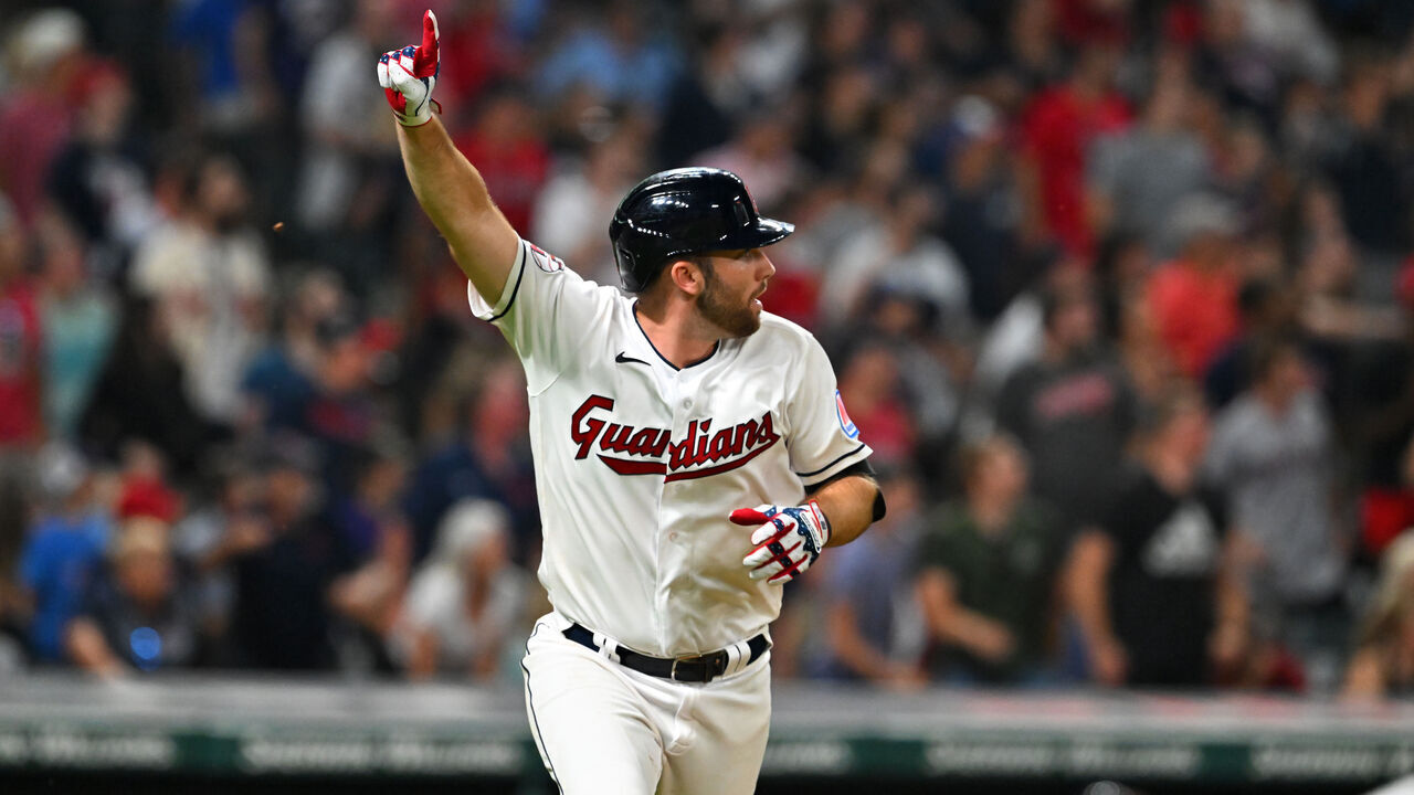 CLEVELAND, OHIO - JULY 04: David Fry #12 of the Cleveland Guardians celebrates after hitting a walk-off RBI single during the tenth inning against the Atlanta Braves at Progressive Field on July 04, 2023 in Cleveland, Ohio. The Guardians defeated the Braves 6-5 in the 10th inning.