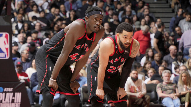 TORONTO, CANADA - APRIL 12: Pascal Siakam #43 and Fred VanVleet #23 of the Toronto Raptors look on during the game against the Chicago Bulls during the 2023 Play-In Tournament on April 12, 2023 at the Scotiabank Arena in Toronto, Ontario, Canada. Mandatory Copyright Notice: Copyright 2022 NBAE