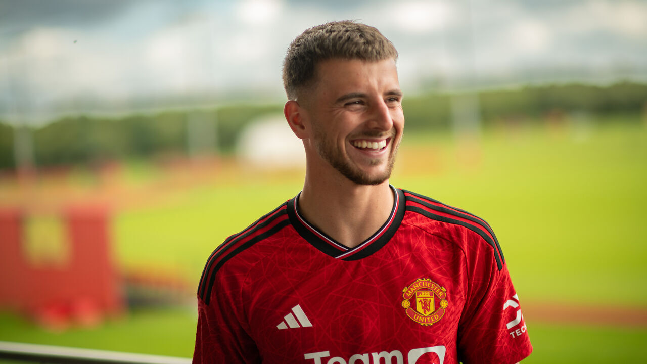 MANCHESTER, ENGLAND - JULY 05: (EXCLUSIVE COVERAGE) Mason Mount of Manchester United poses after signing for the club at Carrington Training Ground on July 05, 2023 in Manchester, England.