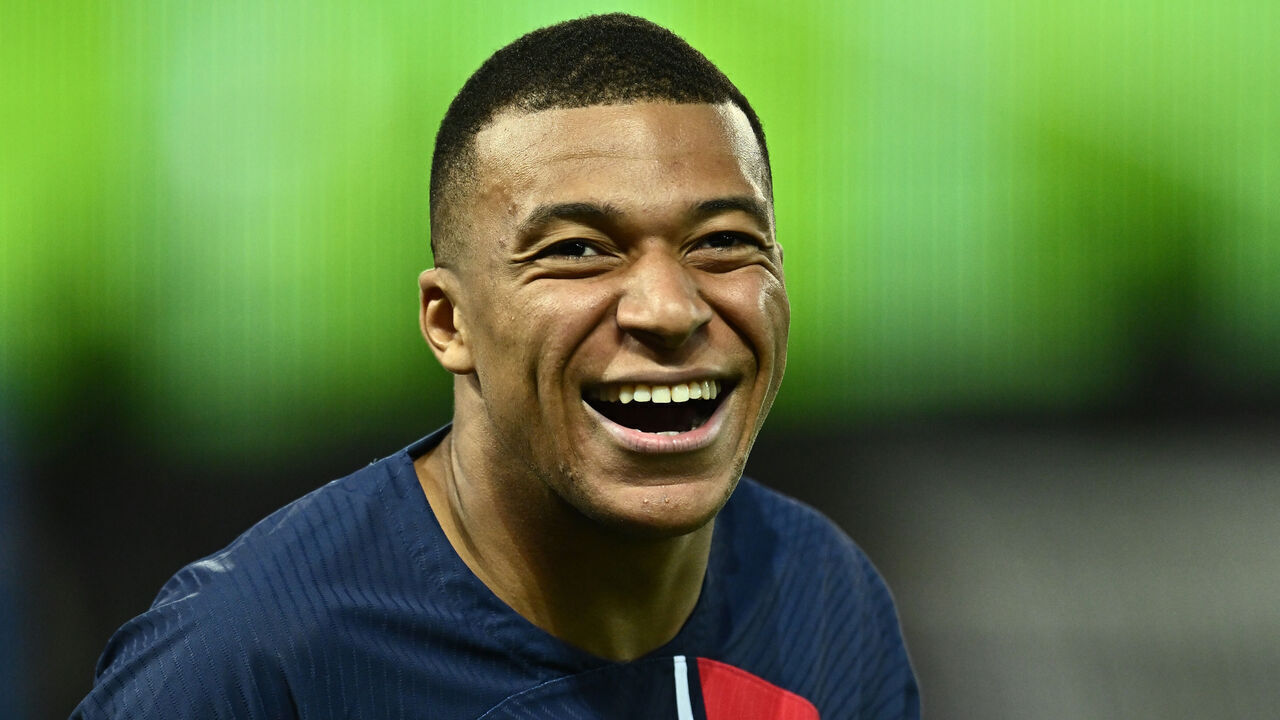 PARIS, FRANCE - JUNE 3: Kylian Mbappe of Paris Saint-Germain smiles during the Ligue 1 match between Paris Saint-Germain and Clermont Foot at Parc des Princes on June 3, 2023 in Paris, France.