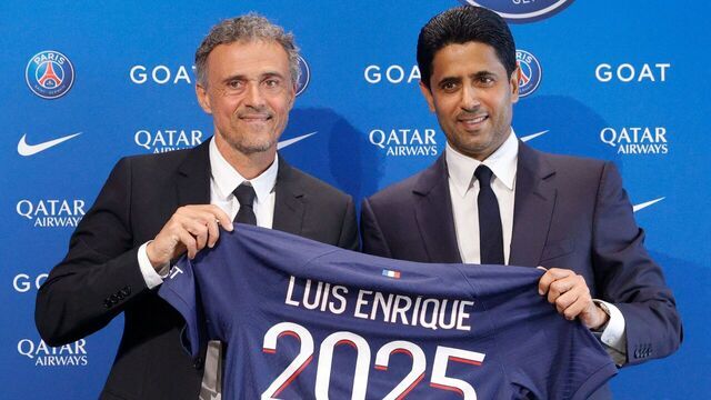 Paris Saint-Germain's newly appointed Spanish head coach Luis Enrique (L) and Paris Saint Germain's Qatari president Nasser al-Khelaifi pose during a press conference to announce the presentation of the new coach, at the new 'campus' of French L1 Paris Saint-Germain (PSG) football club at Poissy, west of Paris on July 5, 2023. Former Barcelona and Spain coach Luis Enrique has been appointed as the new coach of Paris Saint-Germain on a two-year deal, the French champions announced on July 5, 2023.