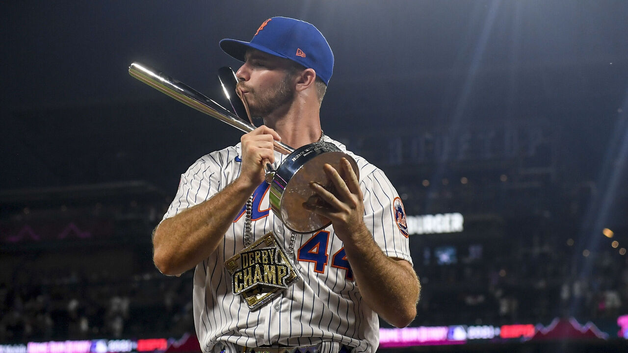 DENVER, CO - JULY 12: Pete Alonso celebrates after defeating Trey Mancini of the Baltimore Orioles during the MLB Home Run Derby at Coors Field on Monday, July 12, 2021.