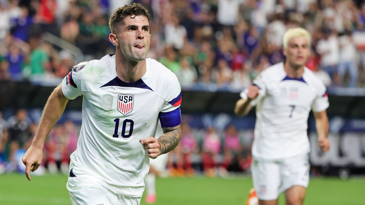 LAS VEGAS, NEVADA - JUNE 15: Christian Pulisic #10 of the United States reacts after scoring a goal against Mexico in the first half of their game during the 2023 CONCACAF Nations League semifinals at Allegiant Stadium on June 15, 2023 in Las Vegas, Nevada. The United States defeated Mexico 3-0.
