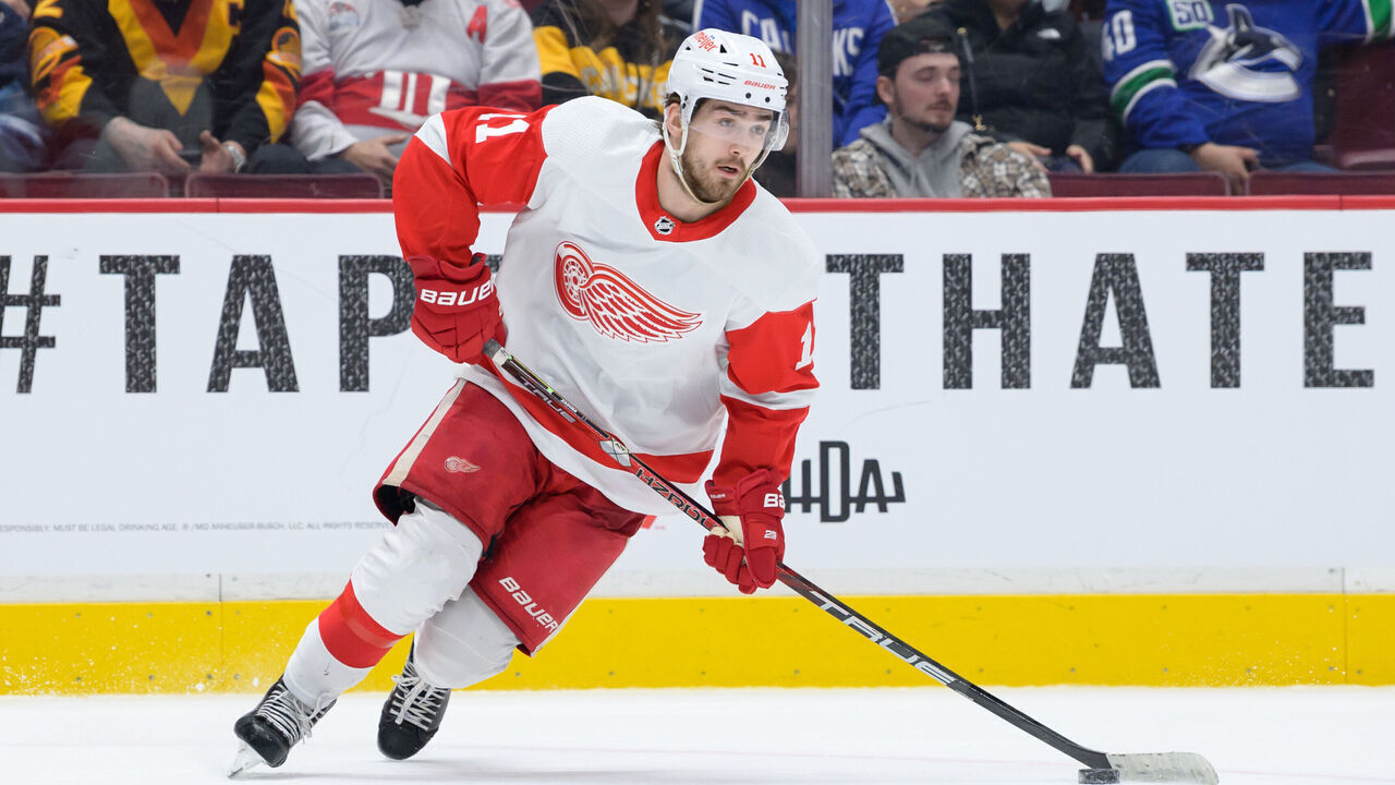 VANCOUVER, CANADA - FEBRUARY 13: Filip Zadina #11 of the Detroit Red Wings skates with the puck during the third period of their NHL game against the Vancouver Canucks at Rogers Arena on February 13, 2023 in Vancouver, British Columbia, Canada.