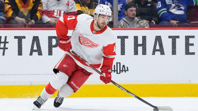 VANCOUVER, CANADA - FEBRUARY 13: Filip Zadina #11 of the Detroit Red Wings skates with the puck during the third period of their NHL game against the Vancouver Canucks at Rogers Arena on February 13, 2023 in Vancouver, British Columbia, Canada.