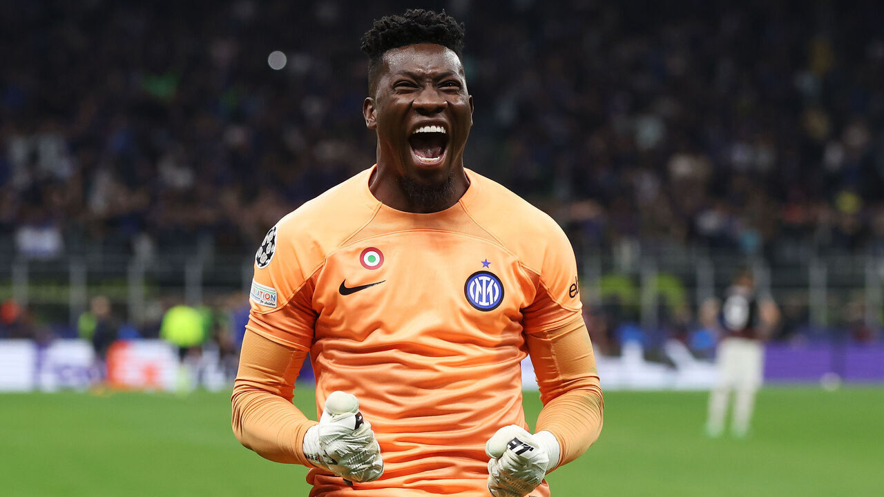 MILAN, ITALY - MAY 16: Andre Onana of FC Internazionale celebrates after Lautaro Martinez of FC Internazionale (not pictured) scores the team's first goal during the UEFA Champions League semi-final second leg match between FC Internazionale and AC Milan at Stadio Giuseppe Meazza on May 16, 2023 in Milan, Italy.