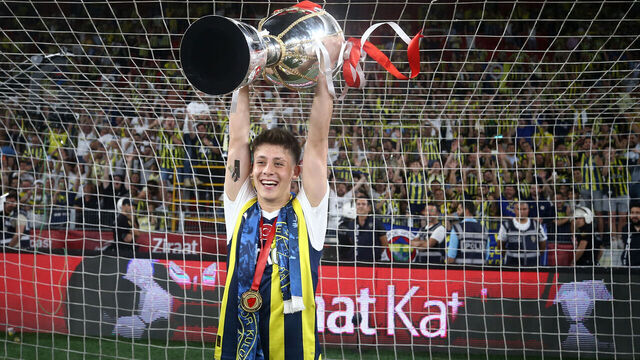 IZMIR, TURKEY - JUNE 11: Arda Guler with the championship trophy in the Ziraat Turkey Cup 2022/23 final match between Fenerbahçe and Başakşehir at Göztepe Gürsel Aksel Stadium on June 11, 2023 in Izmir, Turkey.