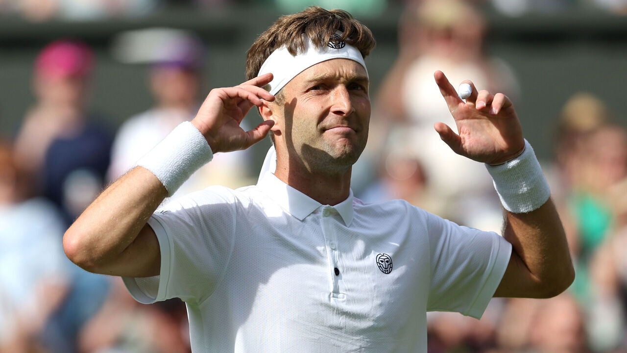 LONDON, ENGLAND - JULY 06: Liam Broady (GBR) after winning his match against Casper Ruud (NOR) [4] in their Gentlemen's Singles Second Round match during day four of The Championships Wimbledon 2023 at All England Lawn Tennis and Croquet Club on July 6, 2023 in London, England.