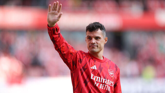 LONDON, ENGLAND - MAY 28: Granit Xhaka of Arsenal waves during the Premier League match between Arsenal FC and Wolverhampton Wanderers at Emirates Stadium on May 28, 2023 in London, England.