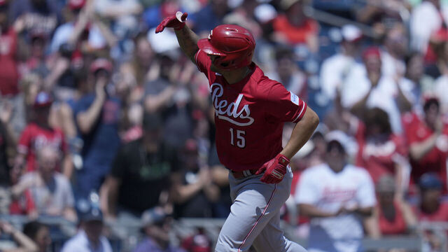 WASHINGTON, DC - JULY 04: Nick Senzel #15 of the Cincinnati Reds runs the bases after he hits a three run home run against the Washington Nationals during the third inning at Nationals Park on July 04, 2023 in Washington, DC.