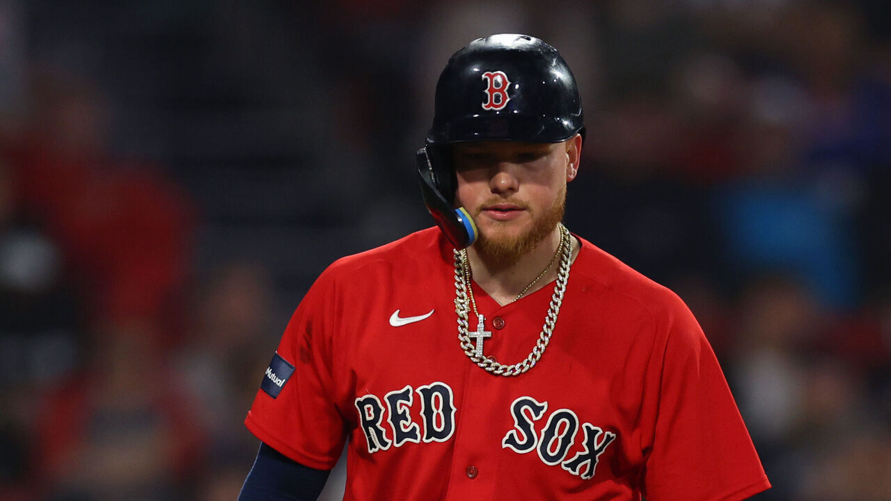 BOSTON, MASSACHUSETTS - JUNE 13: Alex Verdugo #99 of the Boston Red Sox reacts after striking out against the Colorado Rockies during the ninth inning at Fenway Park on June 13, 2023 in Boston, Massachusetts.
