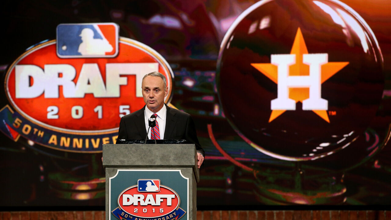08 JUN 2015: Major League Baseball Commissioner Robert D. Manfred Jr. announces the pick of Alex Bregman by the Houston Astros during round 1 of the Major league Baseball First Year Player Draft held at Studio 42 of the MLB Network in Secaucus,NJ.