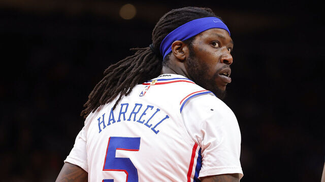 ATLANTA, GA - APRIL 07: Montrezl Harrell #5 of the Philadelphia 76ers reacts after a foul is called during the first half against the Atlanta Hawks at State Farm Arena on April 7, 2023 in Atlanta, Georgia.