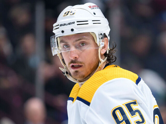 VANCOUVER, CANADA - MARCH 6: Matt Duchene #95 of the Nashville Predators waits for a face-off during the second period of their NHL game against the Vancouver Canucks at Rogers Arena on March 6, 2023 in Vancouver, British Columbia, Canada.