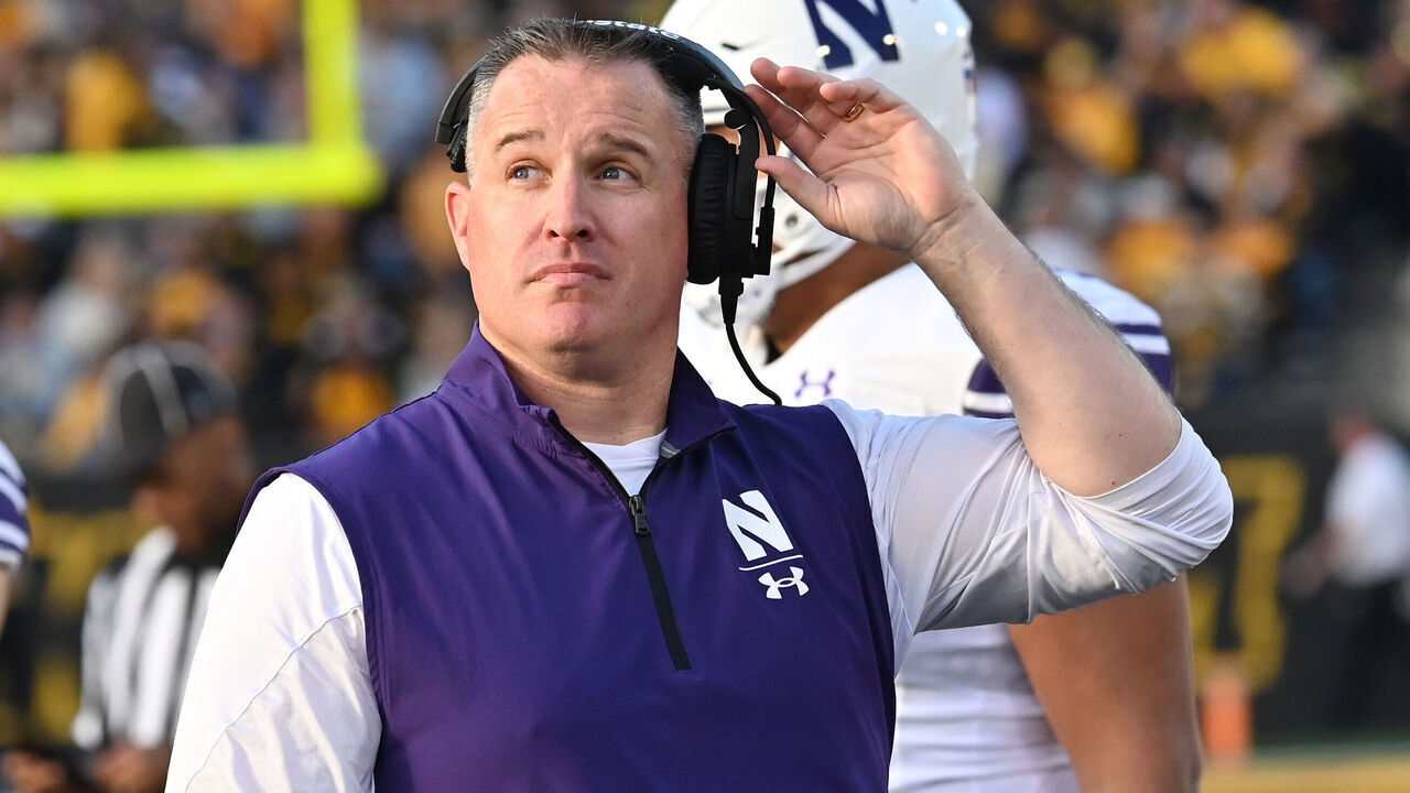 IOWA CITY, IA - OCTOBER 29: Northwestern football coach Pat Fitzgerald as seen during a college football game between the Northwestern Wildcats and the Iowa Hawkeyes, October 29, 2022, at Kinnick Stadium, Iowa City, IA. Photo by Keith Gillett/IconSportswire.