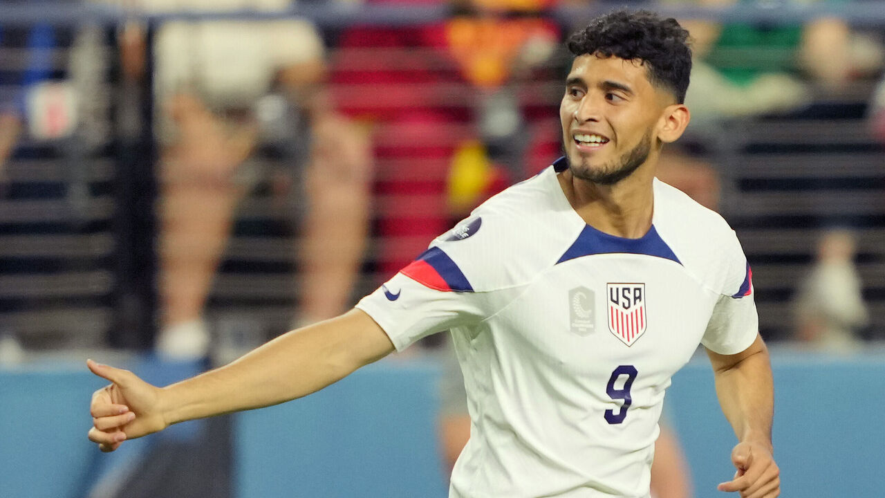 LAS VEGAS, NEVADA - JUNE 15: Ricardo Pepi #9 of the United States celebrates scoring during the second half against Mexico during the 2023 CONCACAF Nations League Semifinal at Allegiant Stadium on June 15, 2023 in Las Vegas, Nevada.